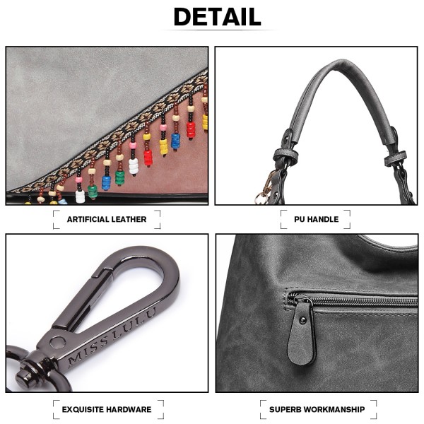 LH6810 - Miss Lulu Beaded Colour Block Hobo Shoulder Bag - Light Grey